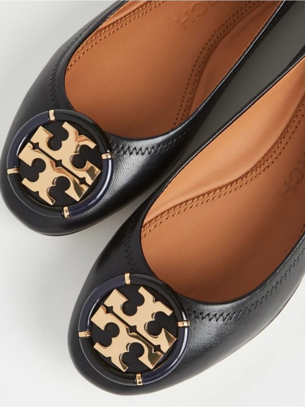 Brand New Tory Burch Black Leather Ballet Flats with Gold Medallion-Never worn